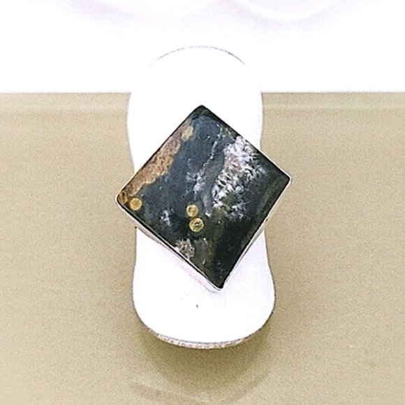 Genuine Green OCEAN JASPER Ring Natural Colors green Tan White 925 Silver Size 8 - Picture 3 of 11